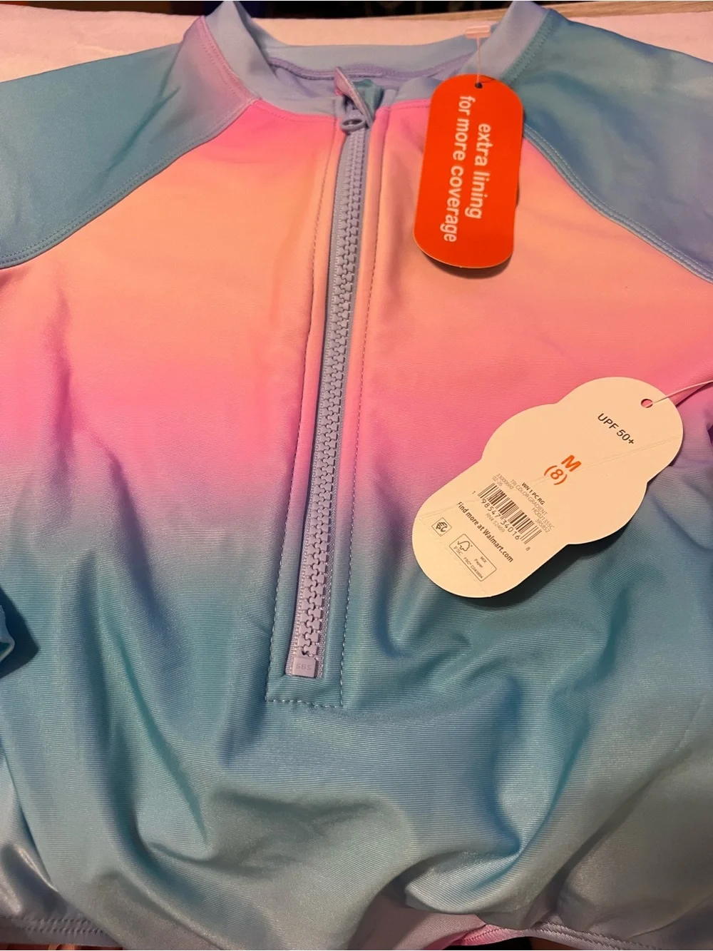 NWT Wonder Nation Girls 8 Pastel Ombre Long Sleeve One Piece Swimsuit UPF 50+